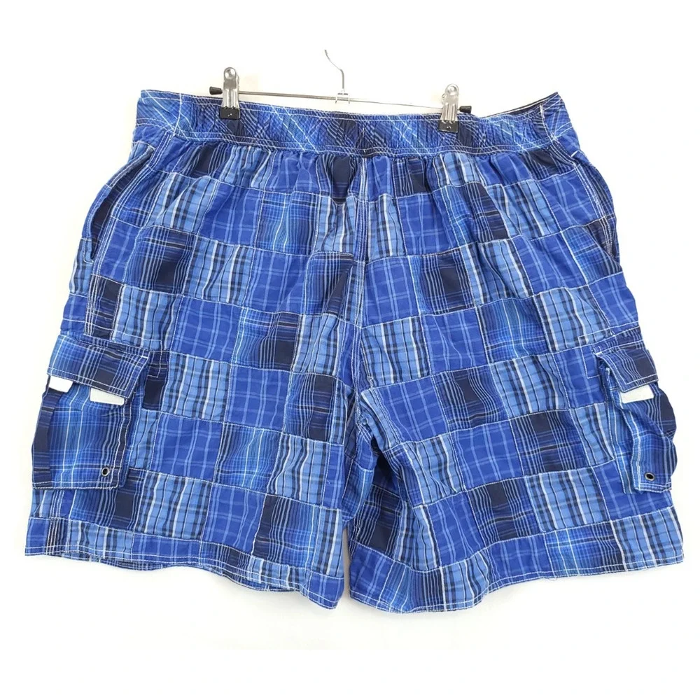 RoundTree & Yorke Cargo Board Shorts Blue Plaid Drawstring Mesh Lined Men XL